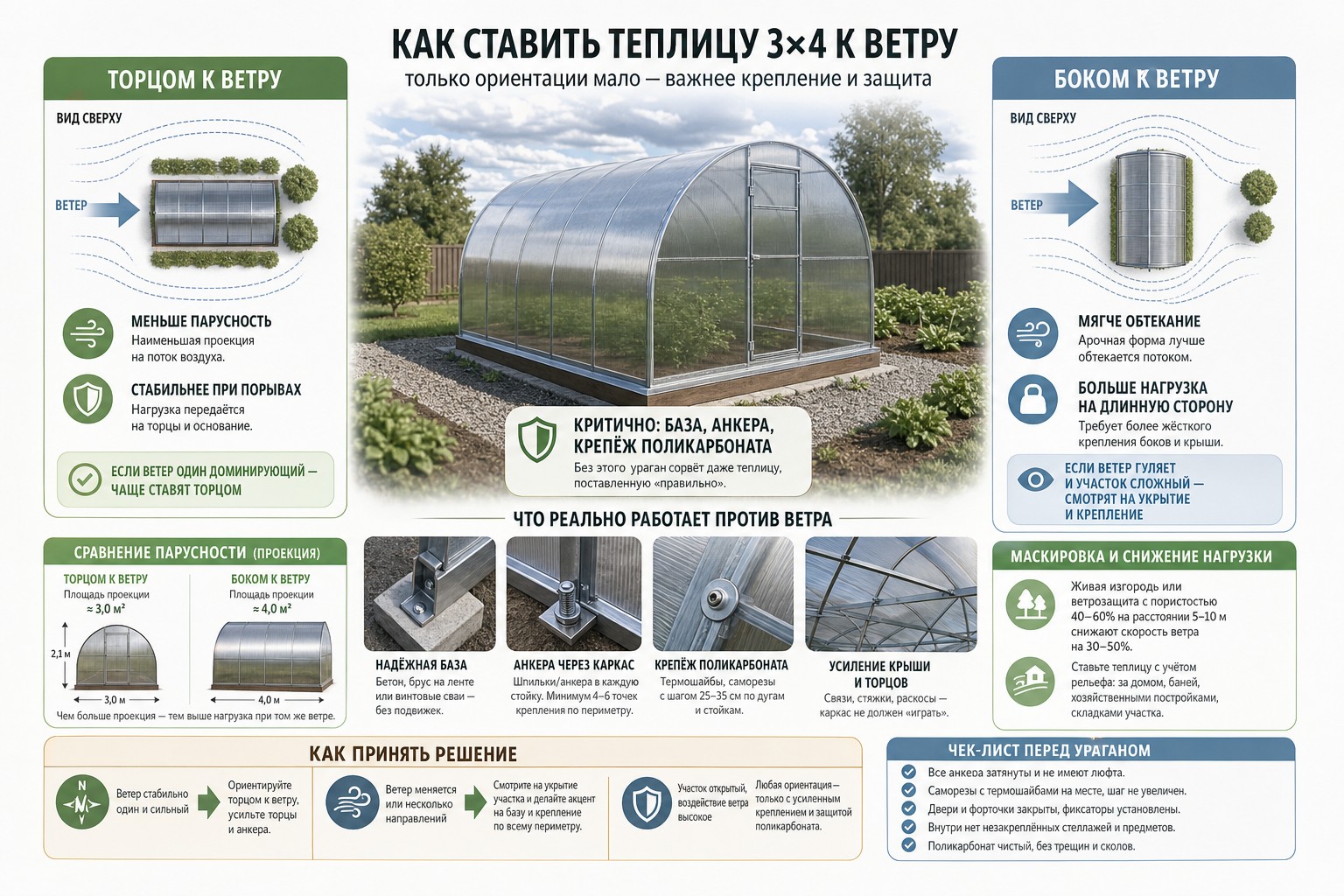 Инфографика по ориентации теплицы 3x4 к преобладающему ветру